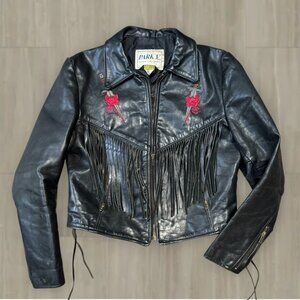Vintage Park V Black Leather Fringe Jacket Embroidered Roses & Daggers 10
